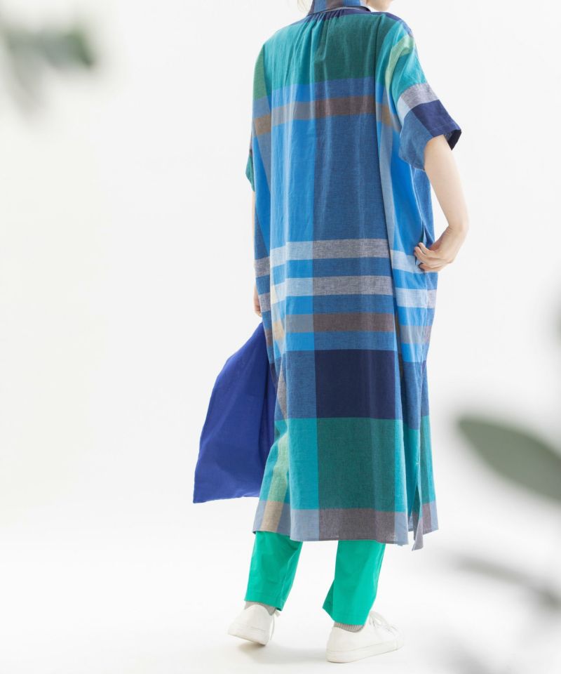 【MORE SALE】リネンコットンパネルチェック5分袖ワイドシャツワンピース
