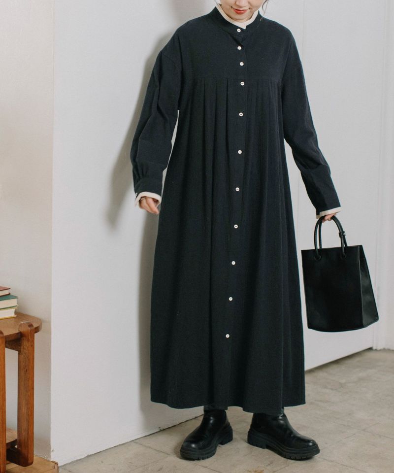 【Hacoさま専用ページ】linen墨色ブラック＊かっぽう着ワンピース SPECIAL PRICE】配色使いタックワンピース | COO ONLINE