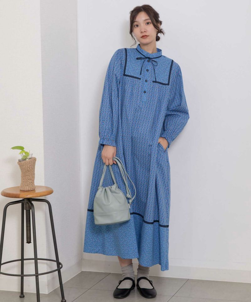 SPECIAL PRICE】柊プリント柄切り替えスタンドカラーワンピース | COO