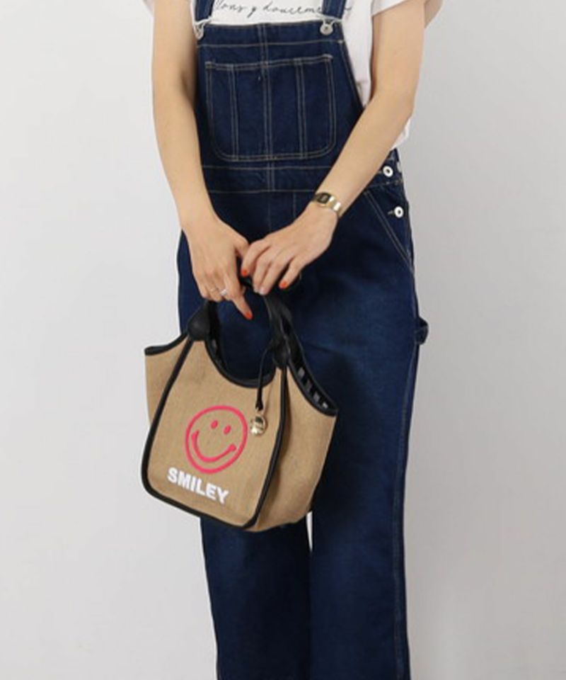 クーコ COOCO SMILEY チャーム付麻xブラシ刺繍トートバッグ