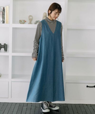 ヤッコマリカルド デニムワンピース ジャンパースカート Vネック 通年 green label relaxing（グリーンレーベルリラクシング）の「【WEB限定