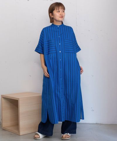 CPG 黒白ストライプ ワンピース シャツワンピース ストライプ ノーカラー 前開き shi cogn xi