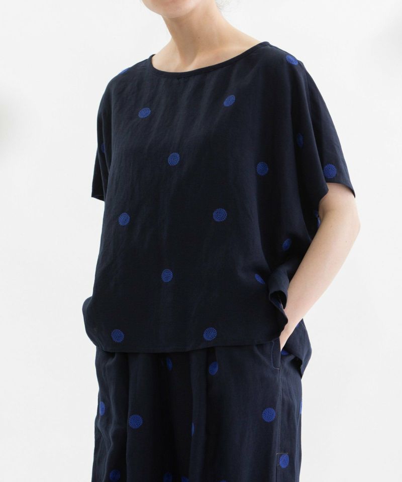 リネンレーヨンpolka刺繍ノーカラートップス | COO ONLINE