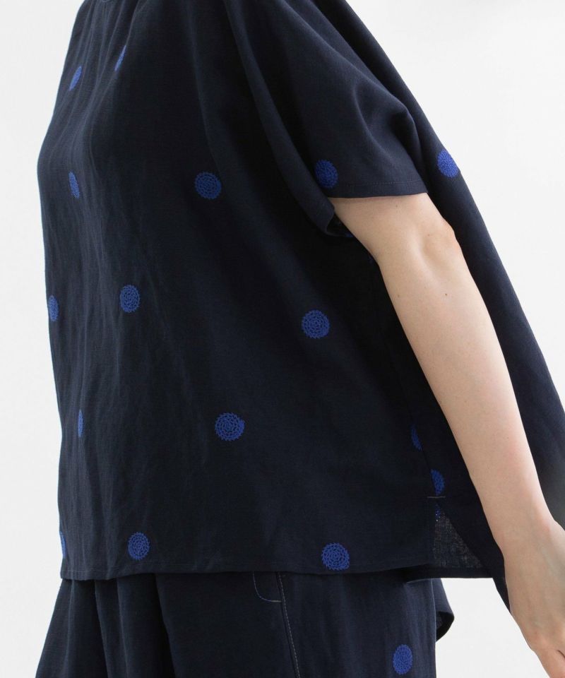 レーヨンリネンPolka ふんわり半袖シャツ ノップドゥノット リネンレーヨンpolka刺繍ノーカラートップス | COO ONLINE