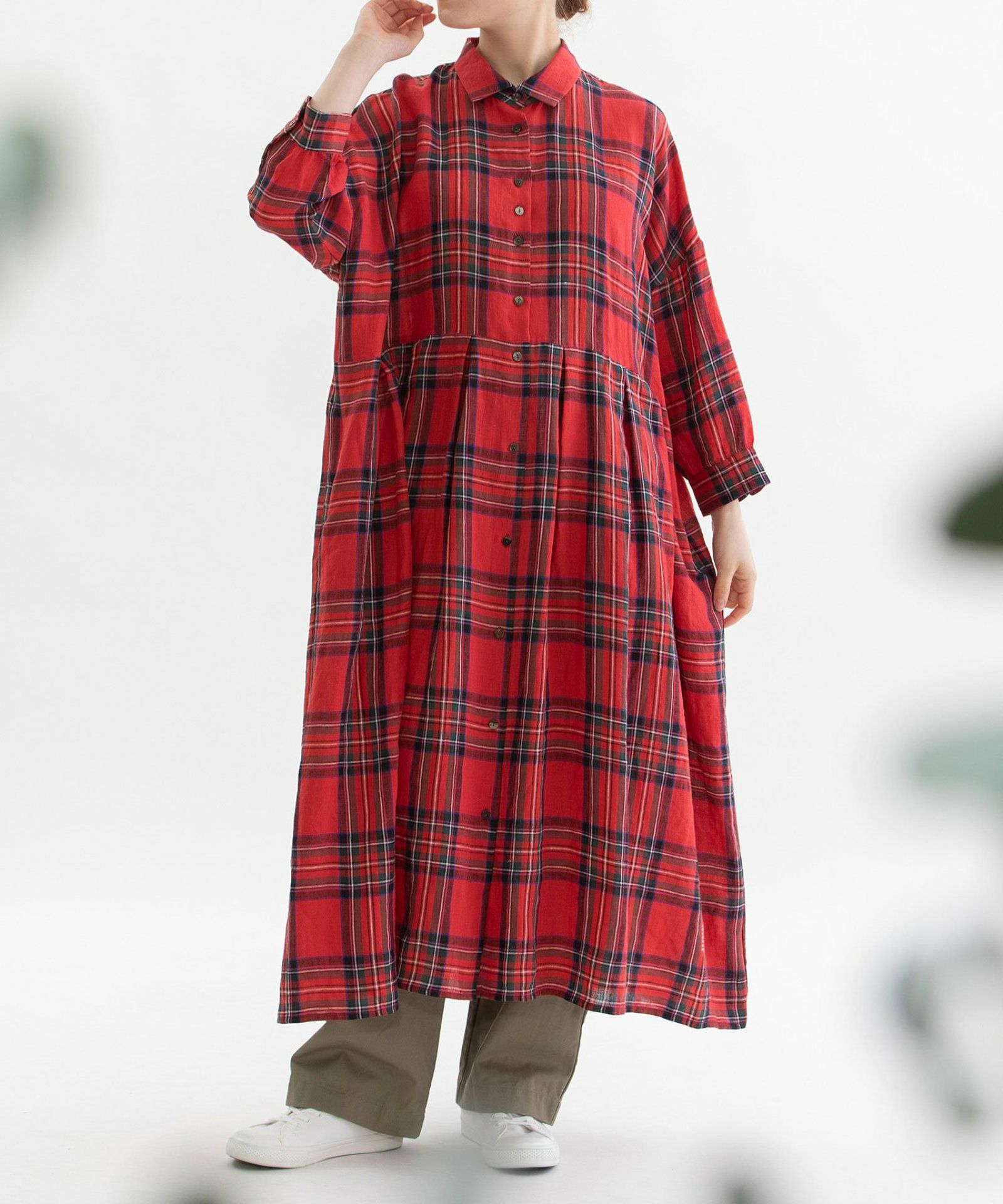 NON NO(ノンノ)コットンリネンウエストタックワンピース/チェック柄 