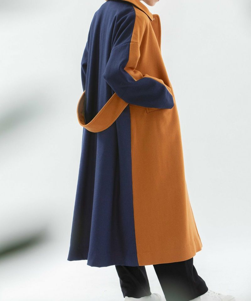 UN3D./バイカラー ロングコート オレンジ/ネイビー UN3D. バイカラーコート ノーカラーコート オレンジ&ネイビー 羽織り