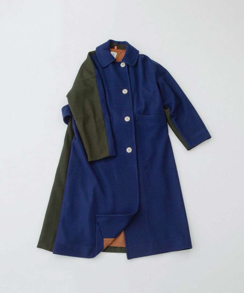 美品 【yori】 バイカラーロングコート 36 ブルー yori バイカラーロングコート 36 ブルー 美品 yori バイカラーロング