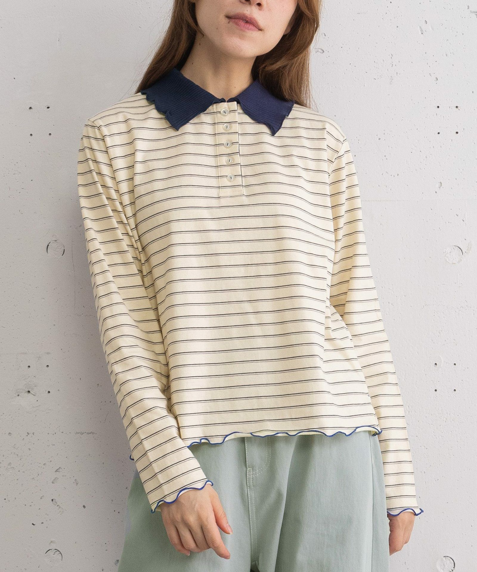 並びボタン配色衿トップス 